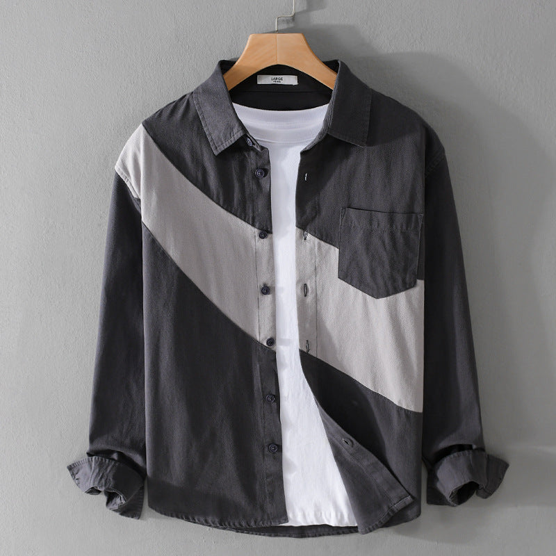 Men's Clothing Leather Stitching Long-sleeved Shirt